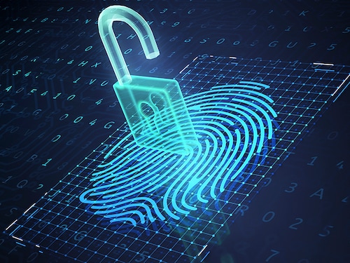 Digital fingerprint and padlock on phone screen, symbolise unlock process. 3D illustration