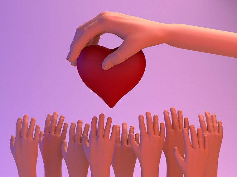 Philanthropy banner. Hand giving love to many people. Charity. 3d illustration.