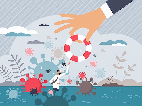 Government stimulus as financial support in covid crisis tiny person concept. Economical business help with money safety and rescue from coronavirus pandemic caused bankruptcy vector illustration.