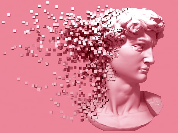 Disintegrating Head Of David  On Pink Background. 3D Illustration.