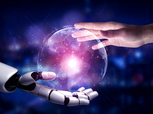 3D rendering artificial intelligence AI research of robot and cyborg development for future of people living. Digital data mining and machine learning technology design for computer brain.