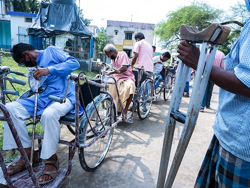 A distribution of disability aids donation function was held at the initiative of the Indian Red Cross Society Tehatta Sub-Div Branch with the support of ALIMCO (Artificial Limbs Manufacturing Corporation of India) at Tehatta, Nadia, West Bengal, India on September 29, 2020. There were Braille kit &amp; Smartcane, hearing aids, trail cycle, Wheelchairs, crutches, walking stick, MSIED KIT distributed to the disabled people. (Photo by Soumyabrata Roy/NurPhoto via Getty Images)