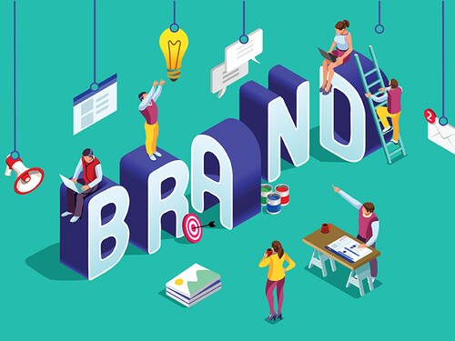 Brand vector text with employers working on branding design. Flat Isometric people illustration isolated on blue background. Can use for web banner, infographics, hero images.