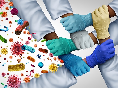 Medical workers and doctors working together and hospital teamwork and health worker unity or global healthcare partnership for treating disease together with 3D illustration elements.