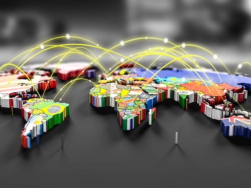 Connection lines Around map with all country flags, Futuristic Technology Theme Background with Light Effect.Global International Connectivity Background.3d illustration