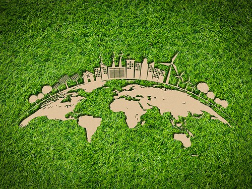 Ecology concept with green city on earth, World environment and sustainable development concept with paper art style