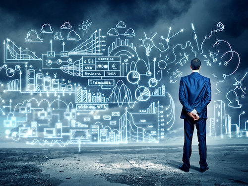 Back view image of young businessman standing against business sketch
