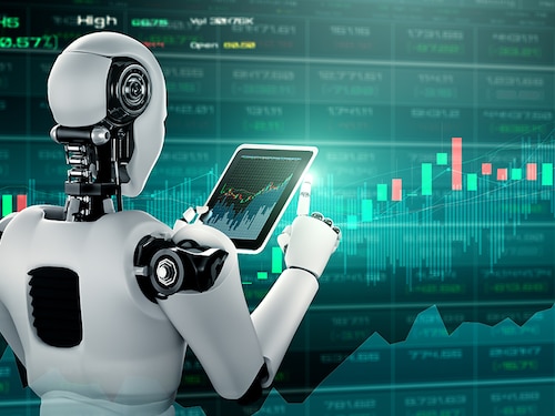 Future financial technology controlled by AI robot using machine learning and artificial intelligence to analyze business data and give advice on investment and trading decision . 3D illustration .