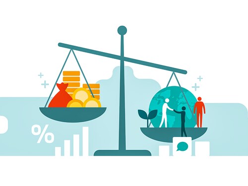 Scale with wealth and cash money on a plate and people, world, environment on the other; balancing business profits and human rights