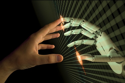 Hands of Robot and Human Touching. Virtual Reality or Artificial Intelligence Technology Concept 3d Illustration