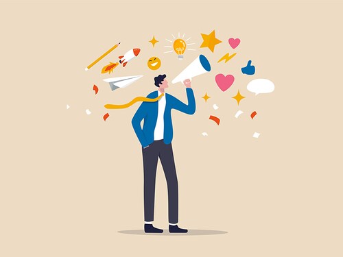 Storytelling, the art of communication or telling and share idea, inspiration, promote marketing campaign in advertising concept, smart businessman marketer using megaphone to tell their story.