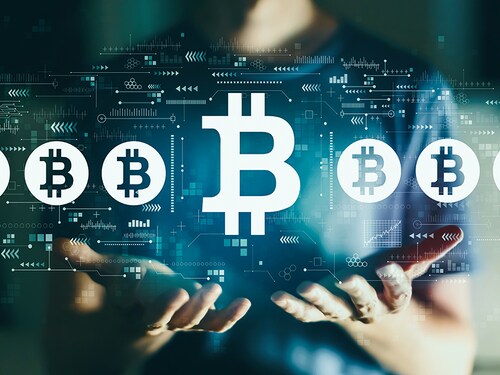 Bitcoin theme with young man in the night
