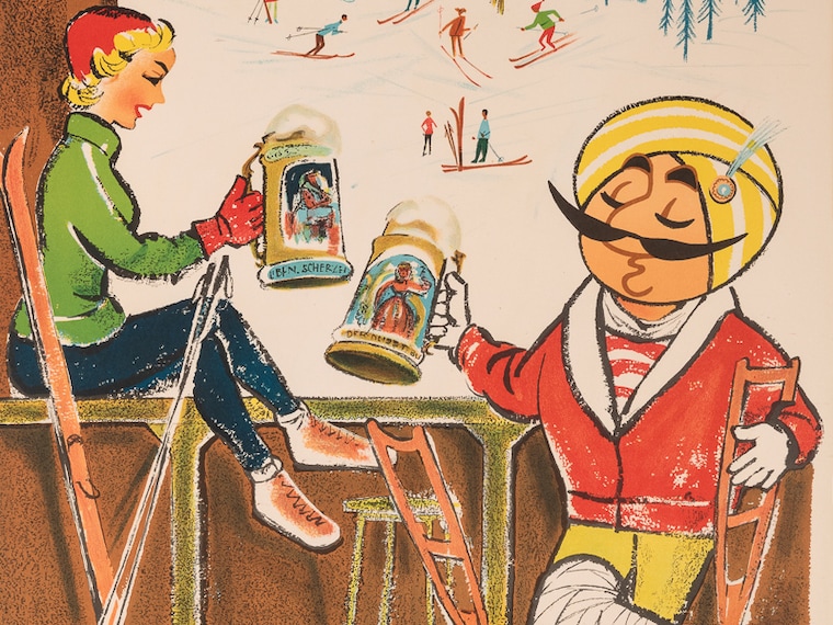 "Geneva" poster depicting the company mascot â€“ the Maharaja â€“ relaxing at a ski resort and toasting a large beer with his ski partner while balancing on a broken leg and crutches, designed for Air India, 1965. (Photo by Potter and Potter Auctions/Gado/Getty Images)