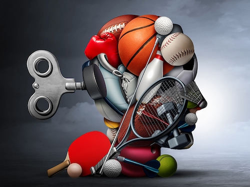 Active lifestyle and mental function or psychological benefits of sport and exercise as a group of sports equipment shaped as a human head for psychological health with 3D illustration elements.