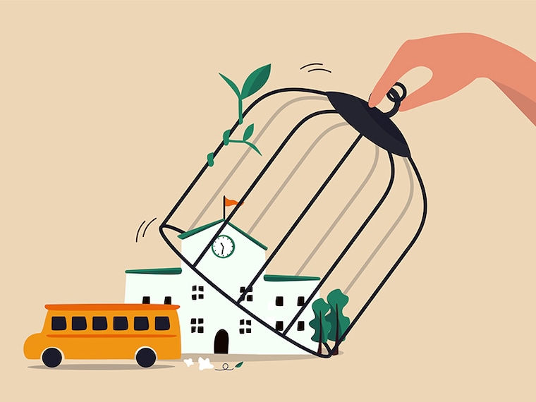 School reopen and keep social distancing after COVID-19 lockdown to prevent Coronavirus spreading in children concept, hand open bird cage over school to let school bus to go to pick up students.