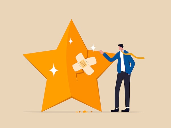 Reputation management, customer experience or rating, crisis management to repair or fix customer trust problem, credit score or satisfaction concept, businessman fix broken rating star with bandage.