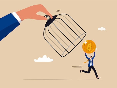 Bitcoin and cryptocurrency regulation, government try to control crypto or decentralized money, authority and legal for trading crypto concept, investor carrying bitcoin run away from government cage.