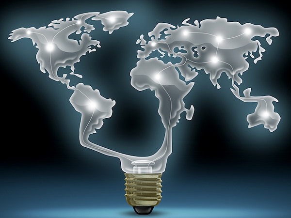 Global innovation symbol with a glowing glass light bulb shaped as the world map representing the business concept of new and future inventions in international technology and design creativity.