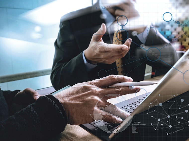 Business team present. professional investor working new start up project. Finance managers meeting.Digital tablet keyboard docking screen computer design smart phone using, sun effect