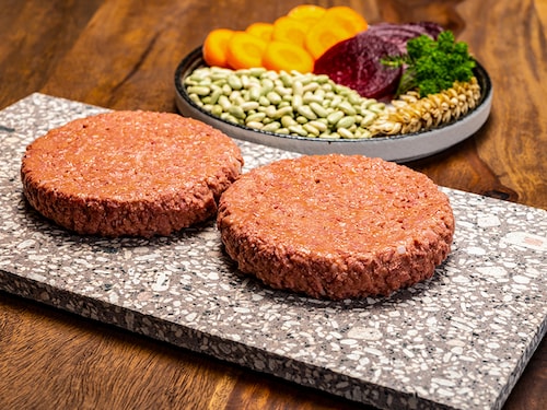 Source of fibre plant based vegan soya protein burgers, meat free healthy food close up