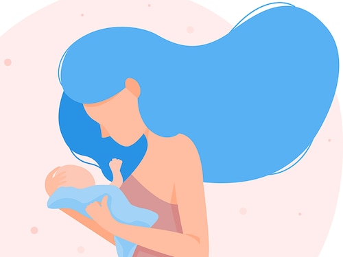 A young mother holds a newborn in her arms and looks at him. The concept of motherhood, parenthood. Vector stock flat illustration.