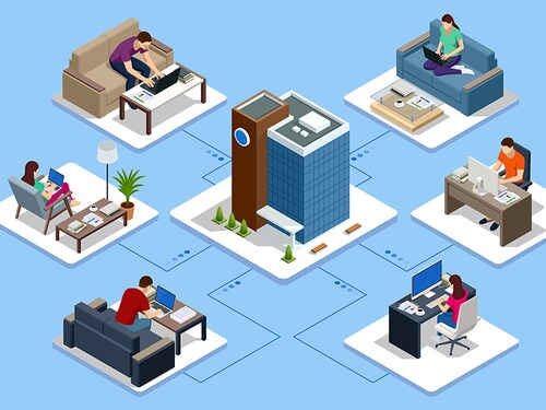 Isometric business man amd woman working at home with laptop and papers on desk. Business Analytics technology using big data, cloud computing, statistical model.