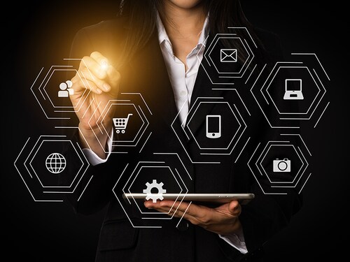 Data Management System with businessman working with provide information for Key Performance Indicators and marketing analysis virtual tablet.