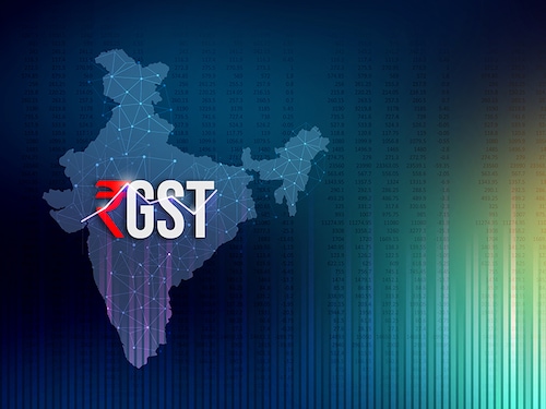 GST tax concept with financial elements, goods &amp; services tax, Indian rupee, India map, finance, rupee background, illustration
