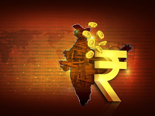 Indian economy concept, finance background with Indian rupee icon, falling rupee coins, Indian map with currency background illustration, brown, yelloew