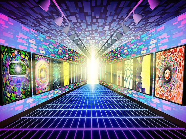 Crypto Virtual Museum and Metaverse internet NFT display as a futuristic streaming media symbol as augmented reality and computer media concept in a 3D illustration style.