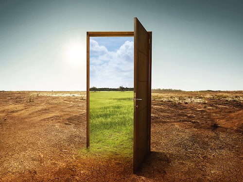 Open wooden door to the new world with green environment. Climate change concept.