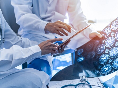 ER surgery medical team, surgical doctor teamwork, professional brain and neurological surgeon with digital tablet working in hospital clinic discussion, diagnosing on patient care operation service