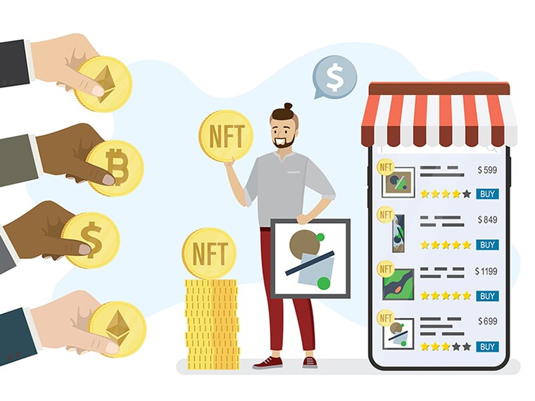 Technology of selling NFT tokens for cryptocurrency. Mobile phone with art store app. Male artist or art dealer sells artworks online. Buyers hands gives bitcoin, dollar, ethereum. Vector illustration