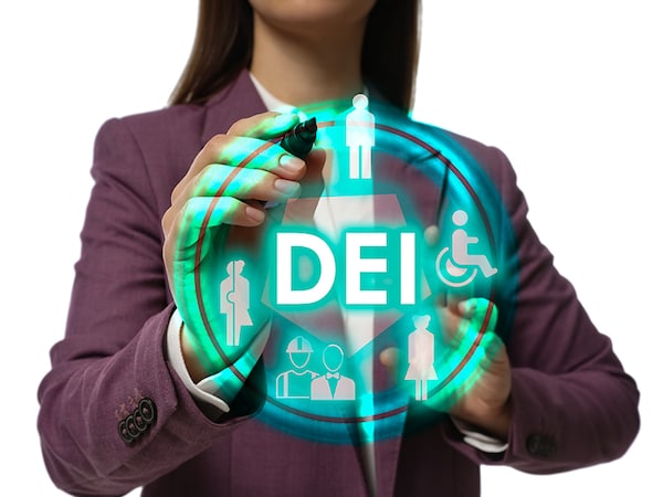 Concept of DEI - Diversity, Equality, Inclusion. Virtual screen with different icons and businesswoman on white background, closeup