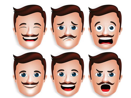 Set of 3D Realistic Handsome Man Head with Different Facial Expressions With Mustache for Avatar. Isolated in White Background Editable Vector Illustration