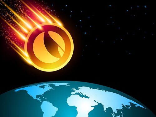 Terra LUNA in downtrend and price falls down. Cryptocurrency trading crisis and crash. Vector illustration. The moon flies to earth