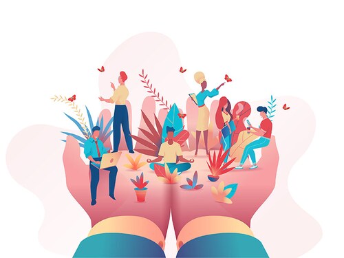 Big hands of boss hold of small people. Metaphor of office people under protection of leader. Safety at work concept, care, relaxed atmosphere, perks benefits for personnel. Flat vector illustration