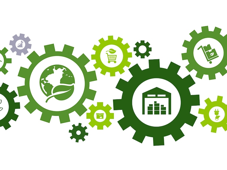 green supply chain vector illustration. Concept with connected icons related to sustainable logistics, environmentally friendly transport of goods, and co2 reduction.