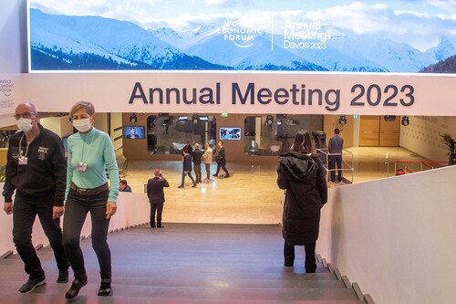 People walk in a hall at Davos Congress Centre, the venue of the World Economic Forum (WEF) 2023, in the Alpine resort of Davos, Switzerland, January 15, 2023. Image: Reuters/Arnd Wiegmann