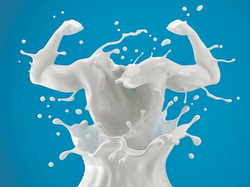 Splash of milk in form of arm muscle. 3D illustration.