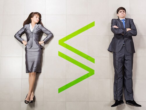 Funny businessman and woman lying on floor. Competition concept