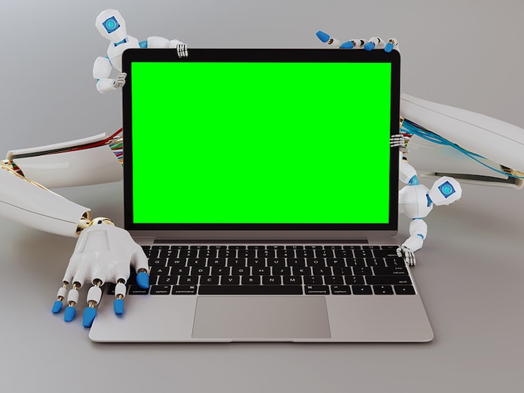 Laptop with robot hands coming out with two additional robots, template. 3d illustration.