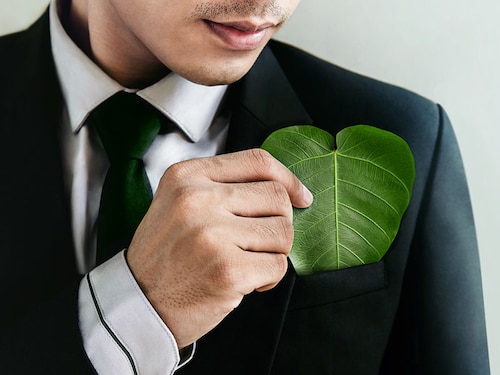 Green Energy, ESG, Renewable and Sustainable Resources. Environmental and Ecology Care Concept. Close up Businessman holding a Heart Shape Green Leaf in Pocket