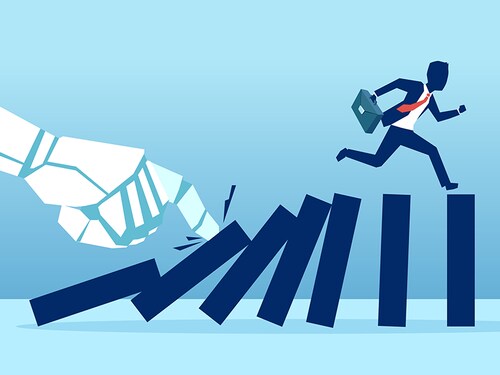 Vector of a robot hand pushing dominoes while businessman runing away from falling effect. Human vs AI concept