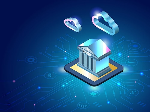 Virtual bank and internet banking investment service on microchip with cloud computing in futuristic background. Bank building with online payment, secure money and financial innovation technology.