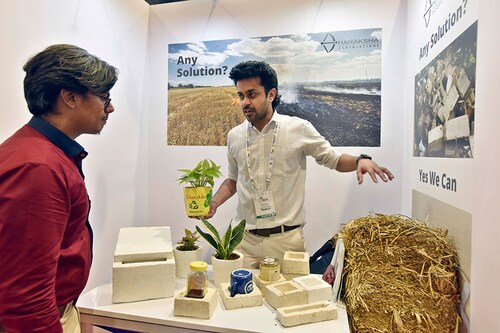An exhibitioner shows biodegradable packaging material made from crop stubble waste by Dharaksha Ecosolutions, during Biotech Start-up Expo 2022, at Pragati Maidan on June 9, 2022 in New Delhi, India. Image: Sanjeev Verma/Hindustan Times via Getty Images
