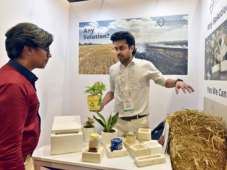 NEW DELHI, INDIA - JUNE 9: An exhibitioner shows Biodegradable Packaging Material made from crop stubble waste by Dharaksha Ecosolutions, during Biotech Start-up Expo 2022, at Pragati Maidan on June 9, 2022 in New Delhi, India. Speaking of Indias bio-economy, the Prime Minister Modi said, We have grown from $10 billion to $80 billion. India is not too far from reaching the league of top-10 countries in biotechs global ecosystem. Biotech Startup Expo 2022 is organised by the Department of Biotechnology to celebrate 10 years of Biotechnology Industry Research Assistance Council (BIRAC), showcasing 75 successful startups supported by the agency. He also launched a Biotech products e-portal of 750 biotech products. (Photo by Sanjeev Verma/Hindustan Times via Getty Images)