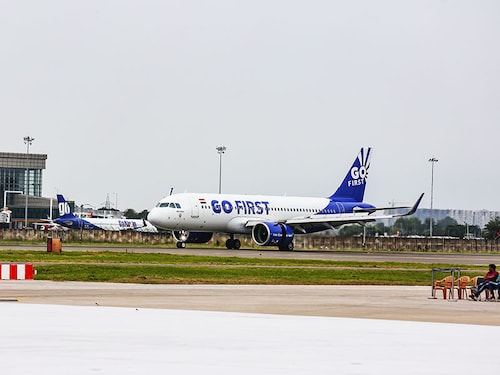 Chandigarh, India - 10-08-2022 - A Go First plane ready totake-off at Shaheed Bhagat Singh International Airport runway in Chandigarh