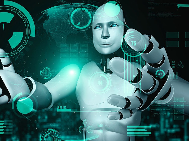 Futuristic robot artificial intelligence huminoid AI for industrial factory technology development and machine learning concept. robotic bionic science research for future of human life. 3D rendering.