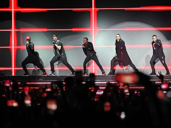 American boy band Backstreet Boys perform during the DNA World Tour concert in Mumbai on May 4, 2023. (Photo by Sujit JAISWAL / AFP)